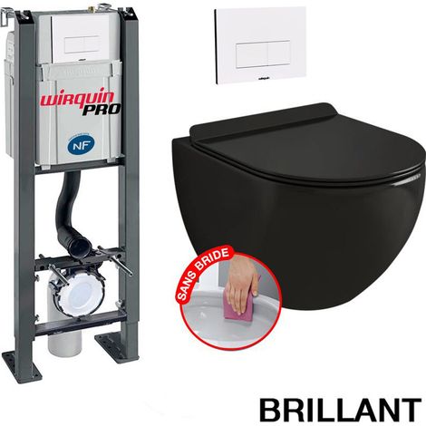 Europalamp – Pack complet WC suspendu sans bride – Bâti autoportant avec cuvette noir brillant – Abattant thermodur ultra fin avec frein de chute (1/5)