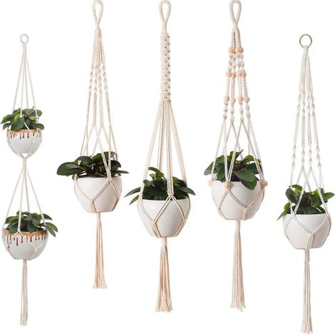Lot de 5 suspensions pour plantes en corde de coton beige pour intérieur et extérieur (1/5)