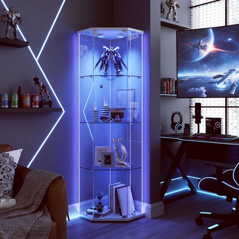 Vetrina in vetro a 4 ripiani – Vetrina da collezione pentagonale con illuminazione a LED, protezione antiribaltamento, per statuette, 162x42,5x60 cm – Bianca