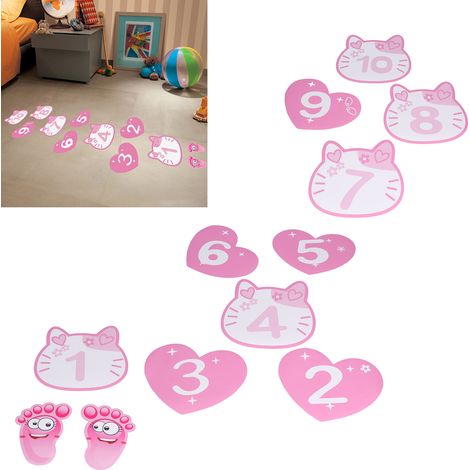 Stickers décoratifs amovibles pour murs et sols de chambre d'enfant, autocollants de sol créatifs chat rose en forme de cœur et de marelle (1/5)