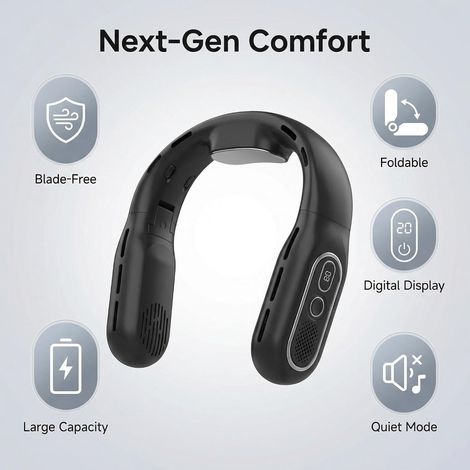 Ventilatore da Collo Senza Pale, 4000mAh Silenzioso 25dB – Design Elegante in Silicone e ABS – Raffreddamento 360° per Ufficio, Camping e Sport (1/3)