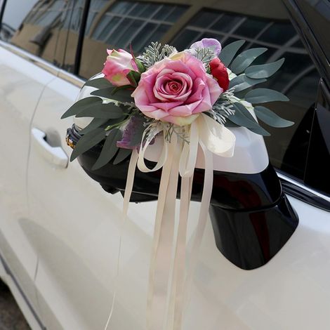 Lot de 2 décorations voiture de mariage fleurs artificielles nœud rétroviseur rose (1/5)