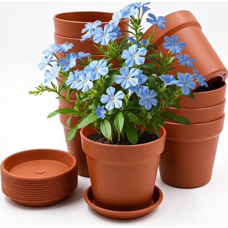 Lot de 12 pots de fleurs avec soucoupe - En plastique - 10 cm - Avec plusieurs trous de drainage - Pour intérieur, balcon, jardin, plantes, cactus, plantes succulentes, terre cuite (1/5)