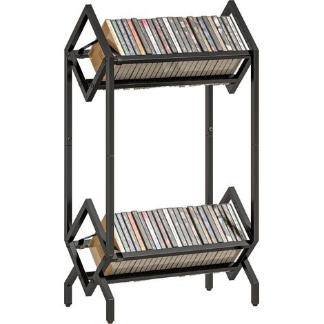 Espositore per dischi in vinile da 50 CD, scaffale metallico a 2 livelli per DVD, libri, album, nero (1/5)