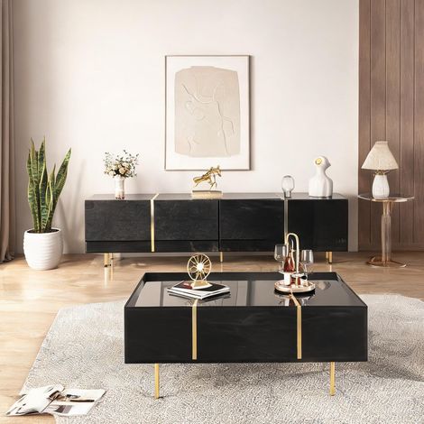 Meuble TV et table basse noirs laqués avec accents dorés en MDF (1/5)