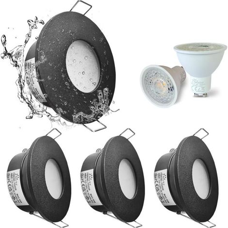 Set de 4 spots encastrés LED IP65 étanches 5W 3000K blanc chaud – Découpe 68mm – Boîtier noir – Pour salle de bain et cuisine