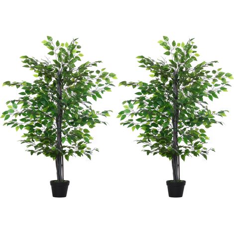 Outsunny pack de 2 plantas artificiales ficus artificiales de 145 cm con 756 hojas y maceta para decoración interior verde (1/3)