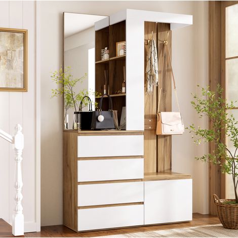 MODFU – Set guardaroba 100x35x180 cm in pannelli con specchio, 4 cassetti, anta, ganci, vano contenitore, portata 50 kg e anti-ribaltamento – Bianco e naturale (1/5)