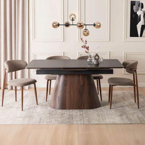 Table à manger extensible 160-200 cm en céramique noir et effet noyer (1/5)