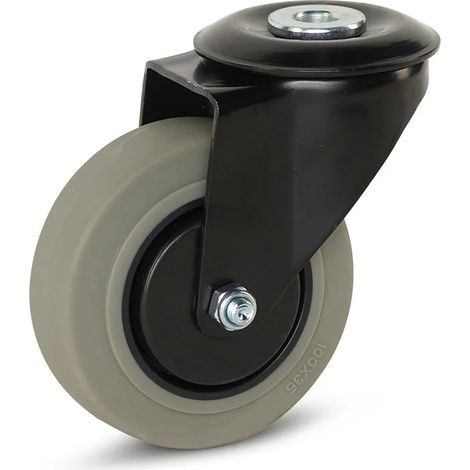 Roue pivotante - MESO - Caoutchouc gris - 100mm - 150kg - Boîtier noir - Trou central (1/2)