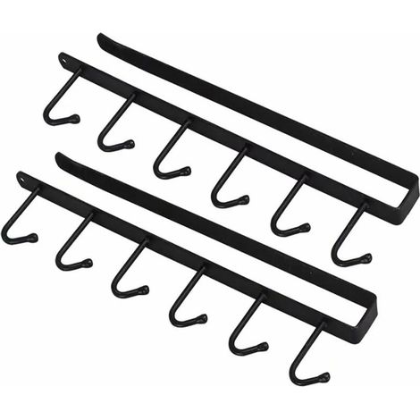 Lot de 2 crochets de rangement pour tasses, tasses, verres, ustensiles de cuisine, ceintures et écharpes, porte-manteau suspendu sous le cintre de l'armoire, sans perçage (noir), (1/5)