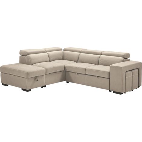 Canapé d'angle en microfibre avec 2 poufs et 1 coffre Selina-Beige-angle gauche (1/5)