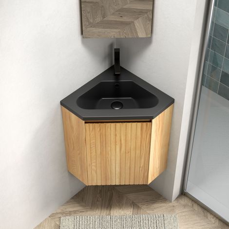 Meuble lave-mains d'angle mural 38 cm avec vasque intégrée en résine noir mat, meuble de salle de bain triangulaire avec porte en bois naturel, meuble pour coin de salle de bain