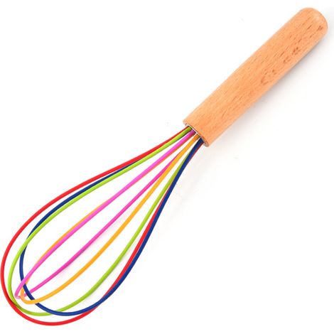 Fouet en silicone avec manche en bois - Idéal pour la pâte à crêpes, les œufs et les blancs d'œufs, les préparations pour gâteaux et le mélange. (1/5)
