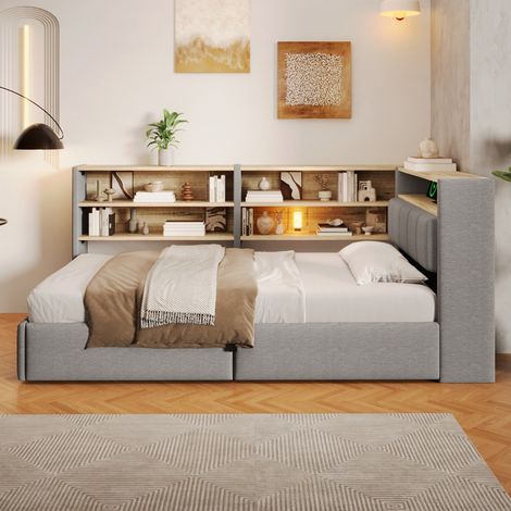 Lit banquette 90 x 200 cm, lit coffre avec rangement hydraulique, prise électrique, USB, éclairage LED, rangement latéral modulable, velours gris (1/5)