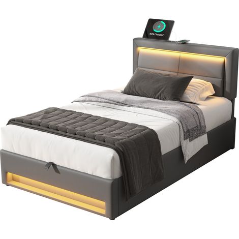 Letto Imbottito 90 x 200 cm, Singolo con USB, Ricarica senza Fili e LED, senza Materasso, Grigio (1/5)