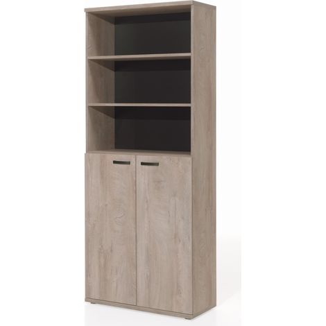 Libreria da Ufficio Robusta - Mobile con 2 Ante e Scaffali in Rovere Grezzo e Nero  Collezione YUKON