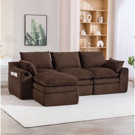 Canapé modular 3 plazas de pana marrón con otomana, 263x167x85 cm (1/5)