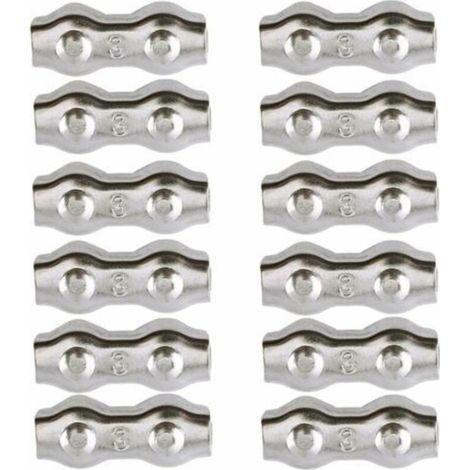 Kabelklemmen, 3-mm-Stahlkabelklemmen, 12 Stück, Doppelkabelklemmen, Kabelclips aus Edelstahl 304, 2-mm-Drahtkabelgriffe, Kabelclips für Wäscheständer