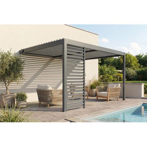 Pergola bioclimatique adossée 4x3m PIANA aluminium gris avec 1 persienne brise-vue