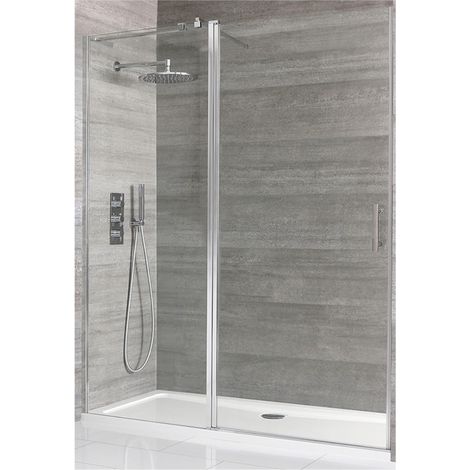 Milano Portland Chrome Walk In Wet Room Hinged Door Shower Enclosure and White Tray with Fast Flow Waste - 1400mm x 900mm (1/5)