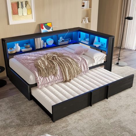 Canapé banquette-lit structure métallique noire 90x200 cm, lit gigogne, rangements, LED et ports USB intégrés, lit simple (sans Matelas) (1/5)