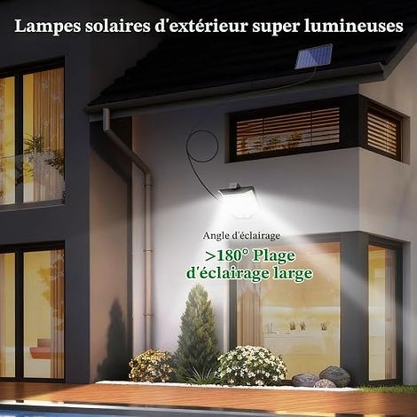 Lampes Solaires Extérieures, 186 LED 3000LM Projecteur à Détecteur de Mouvement avec Télécommande, Sécurité Murale du Crépuscule à l'Aube, Câble Étanche (1/4)