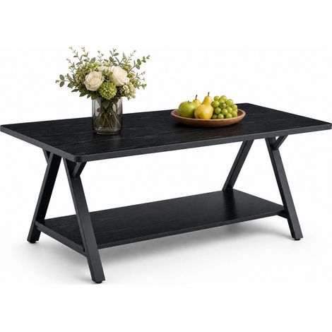 ELVMI Mesa de Centro con Estante de Almacenaje, Estructura Metálica en X, para Salón, MDF y Metal, 110 x 57 x 44.5 cm, Negra (1/5)
