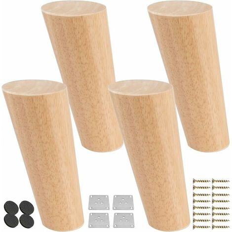 Patas de madera para muebles de 25 cm, 4 patas de mesa cónicas inclinadas con placa de montaje y tornillos, patas de cama de roble de repuesto para sofá, silla, gabinete, sillón, armario, barnizado na (1/5)