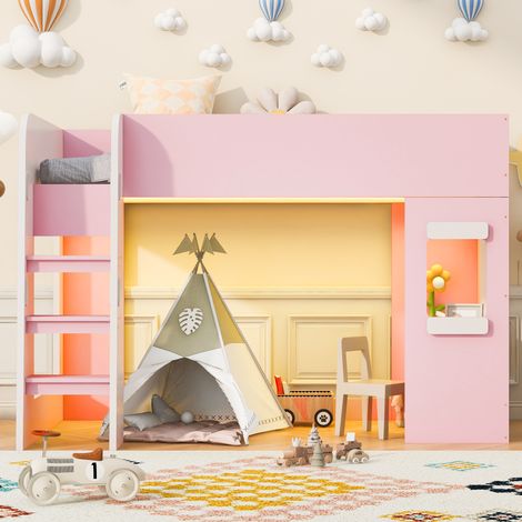 Lit mezzanine enfant 90x200 cm avec bureau, éclairage LED, barrière de sécurité haute, échelle avec poignées, lit multifonction en MDF - Rose (1/5)