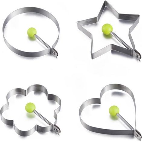 Set di 4 stampini ad anello per uova in acciaio inox: rotondi, a stella, a fiore, a cuore stampini per pancake e uova adatti a padella e griglia lucidati e a riscaldamento rapido. (1/5)