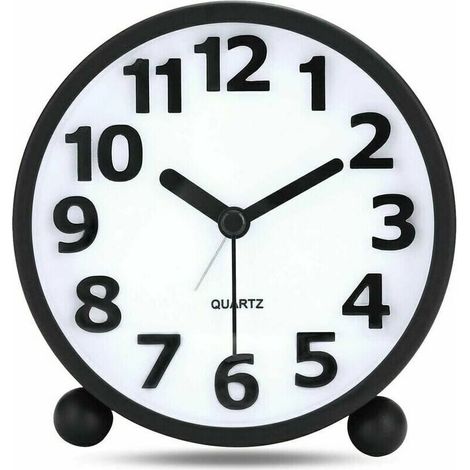 royaluxe -Reveil Analogique Silencieux,Métal Noir Gros Chiffres 3D,Horloge de Table sans Tic-tac avec la Lumière de Nuit Réveil De Chevet 10.8cm