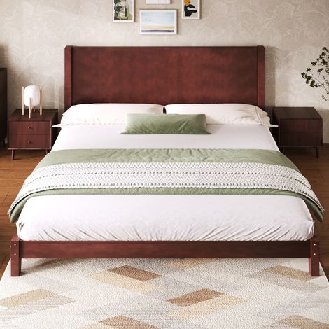 Lit double plateforme en bois 180x200cm avec tête de lit-sommier à 11 lattes-Pin massif MDF-Marron (1/5)