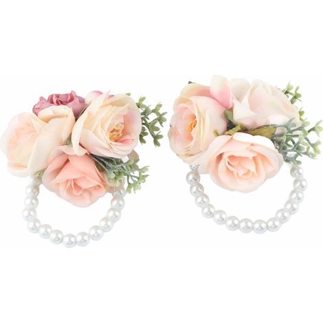 2Pcs/Bag Bridesmaid Wrist Flower Artificial Hand Flower for Wedding Anniversary Cocktail PartyPink
