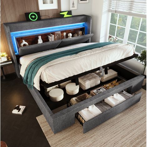 Letto Contenitore 180x200 cm con Rete a Doghe e Testiera Contenitore Grigia (1/5)