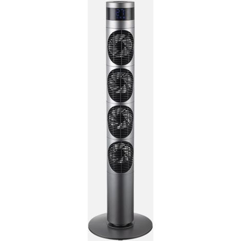 ABRILA - Ventilador Torre Mombuey Gris 25W  3 Velocidades y 4 Ventiladores DC  Fijo y Rotatorio  Orientable  Temporizador 12h  Diseño Moderno  117x34x34 cm