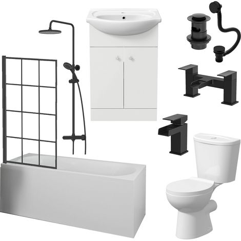 Aquari Complete Bathroom Suite Black Bath Shower Screen Basin Vanity Taps Toilet 1700 (1/5)