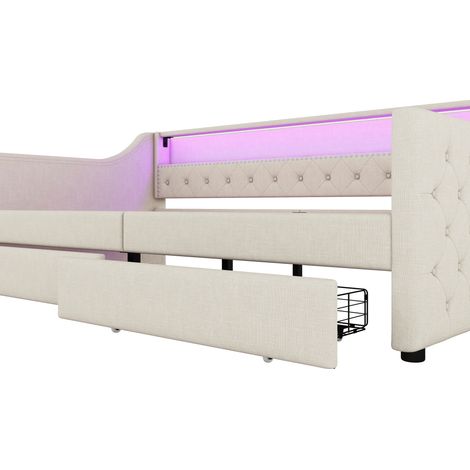 Diván cama 90 x 200 cm de lino beige con somier de lamas, 2 cajones, LED y USB (1/5)