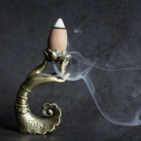 Porte-encens à reflux en cuivre en forme de main de Bouddha et de lotus, pour brûleur d'aromathérapie (1/4)