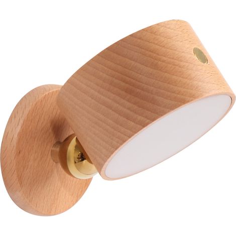 Lampe murale en bois rotative pour chevet, applique orientable 360° avec variateur tactile, rechargeable USB-C, design magnétique, décoration chambre et ambiance lecture (Hêtre) (1/5)