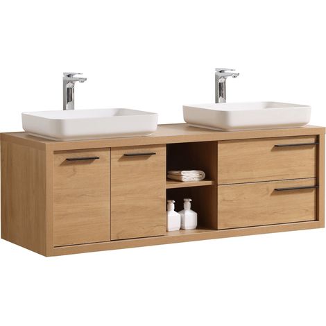 Badplaats – Meuble double vasque 150 cm en chêne – 2 tiroirs et 2 portes battantes – Lavabos avec bouchons de vidange – Fermeture soft close (1/4)