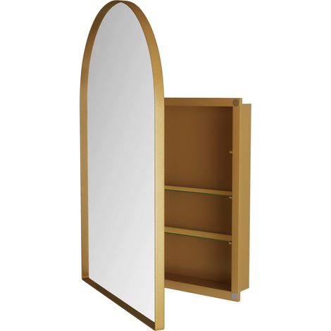 Armoire miroir élégante en arche, armoire à pharmacie encastrée, meuble mural avec cadre métallique, miroir et étagères réglables, meuble miroir de rangement pour salle de bain, salon et chambre, or