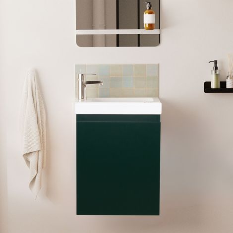 Mob-In – Meuble lave-mains suspendu 41 cm – Vasque en céramique réversible – Montage facile – 2 étagères intérieures – Gain de place