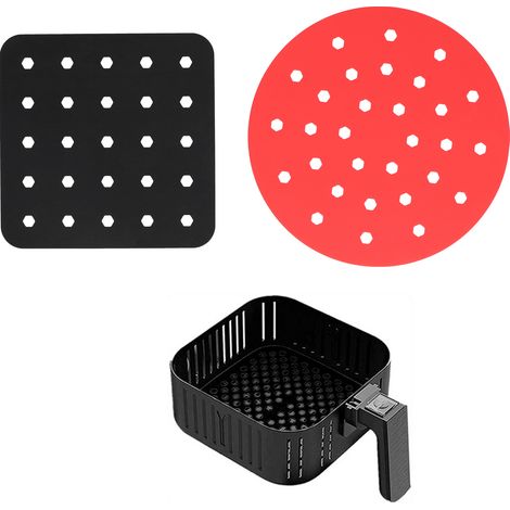 Tapis de friteuse réutilisable en silicone antiadhésif, panier à friture, coussin de cuisson vapeur, accessoires de cuisine (carré noir, rond rouge) (1/5)