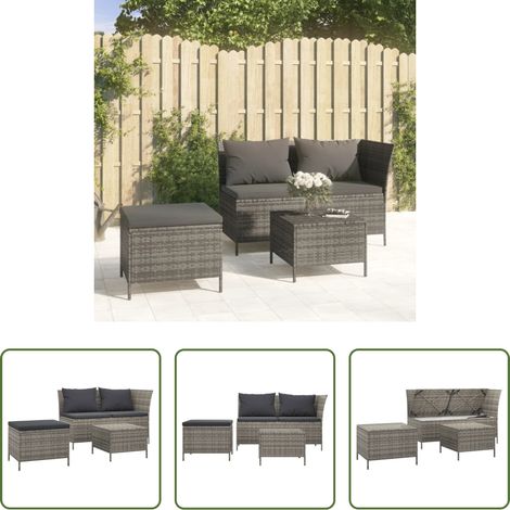 vidaXL Rattan - 3-tlg. Garten-Lounge-Set mit Kissen Grau Poly Rattan (1/5)
