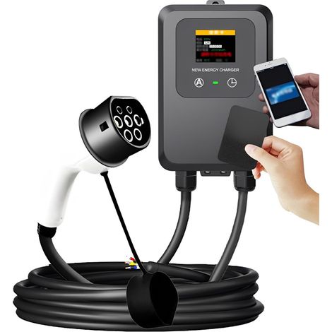 Chargeur électrique intelligent type 2, Station de charge murale 7KW 32A pour voiture électrique, Écran couleur simple, Câble 5M, Équipé de carte NFC (1/5)