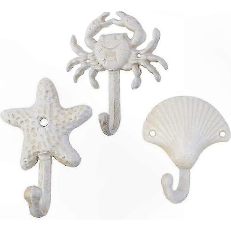 Nautisches, wandmontiertes Handtuchhalter-Set (3-teilig), gusseiserne Haken im Ozean-Design, Muschel-, Krabben- und Seesternmotiv, für Mäntel und Bettwäsche, Vintage-Strandstil. (1/5)