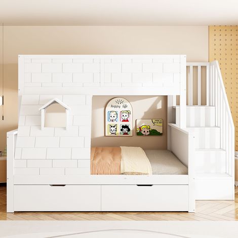 Lit superposé 90x200 cm et 140x200 cm en bois de pin bois – lit enfant avec 2 tiroirs et Escalier de rangement intégré – Barrière de sécurité