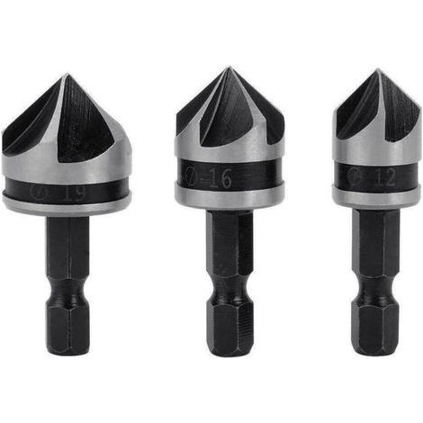 3pcs 1/4" Hex HCS Fraise à Chanfreiner 5 Flûte Foret Embouts pour phanfreiner Évier à Fraise Conique 12mm/16mm/19mm Pour Bois Métal (1/5)
