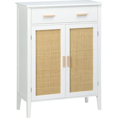 Meuble à chaussures rangement avec 2 portes effet cannage tiroir 80 x 35 x 110 cm blanc (1/5)